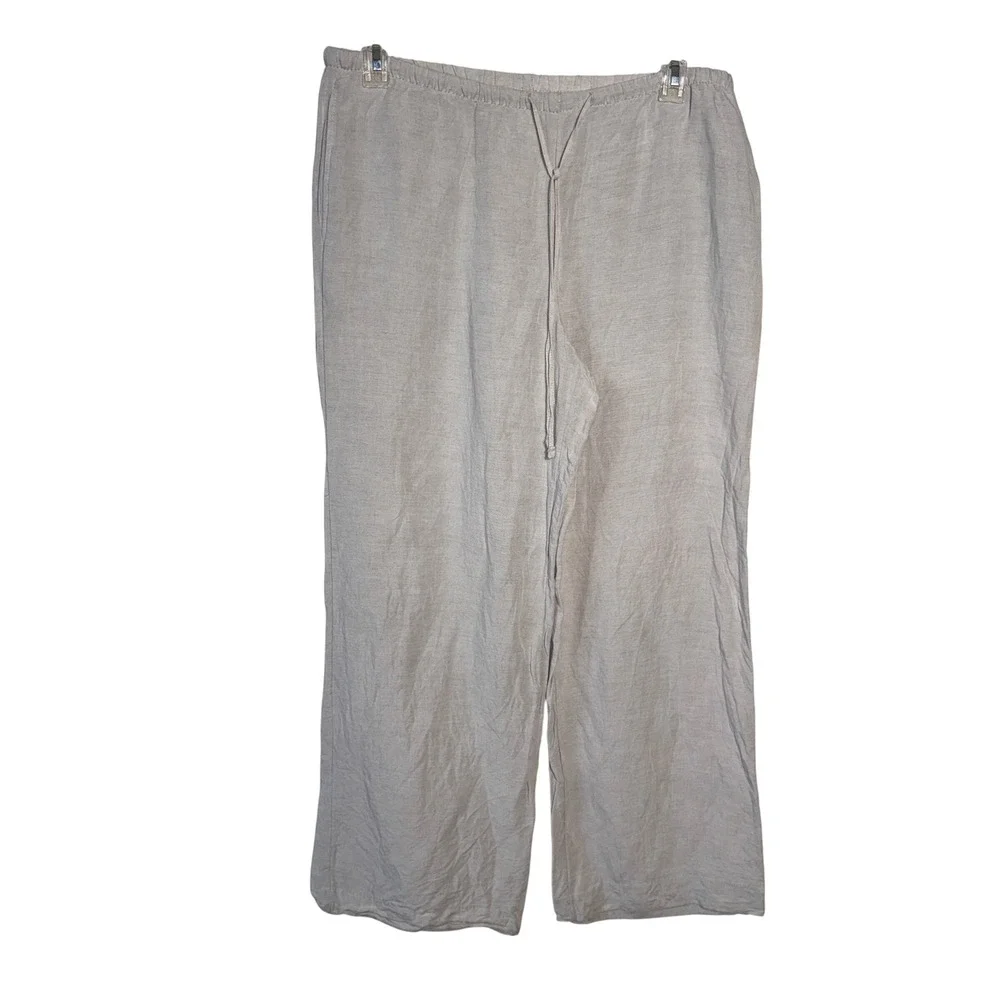 HM Linen Blend Pants Women L‎ Beige Wide Leg Drawstring Lagenlook Natural Fiber